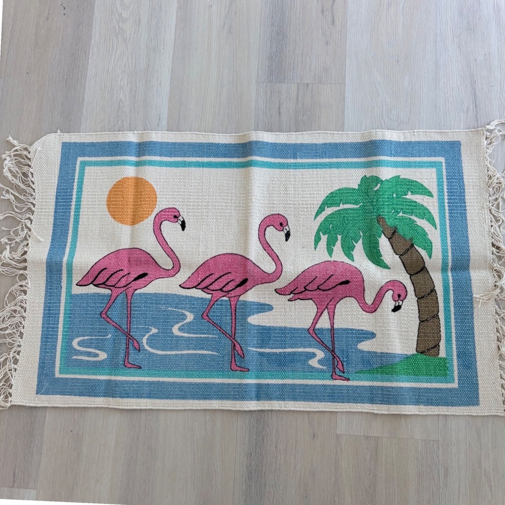 Vintage 1986 Homemaker Sloane Stuart Flamingo Cotton Rug Handloomed India 21x36